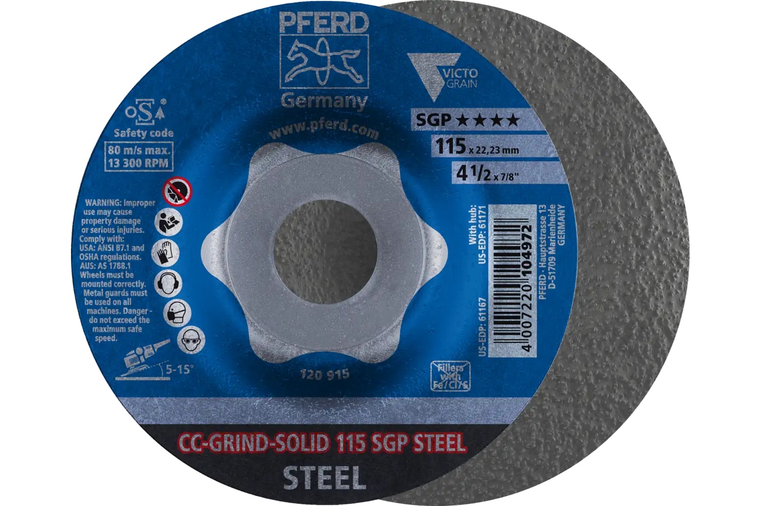 Picture of Pferd Grinding disc, CC-Grind®-Solid, 4-1/2" x 7/8, SGP Steel Victograin®, Ceramic